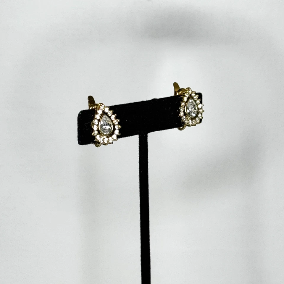 Hermosos Pendientes de Clip Trifari Vintage Lágrima Cristal Tono Dorado Foto 3 de 4