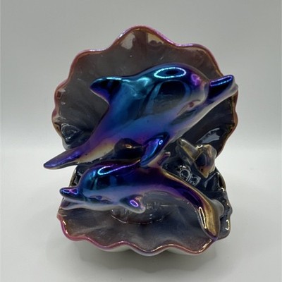 Vintage Iridescent Lusterware Ceramic Dolphin Figurine with Iridescent Shell 