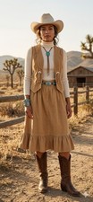 VTG 70s Corduroy 2pc Set Western Concho Vest Ruffle Midi Skirt Tan Small Boho