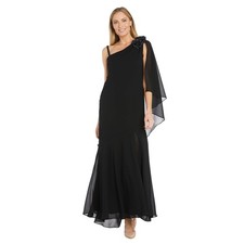 R M Richards One-Shoulder Womens Black Dress with Glitter Floral Trim Gown sz 12