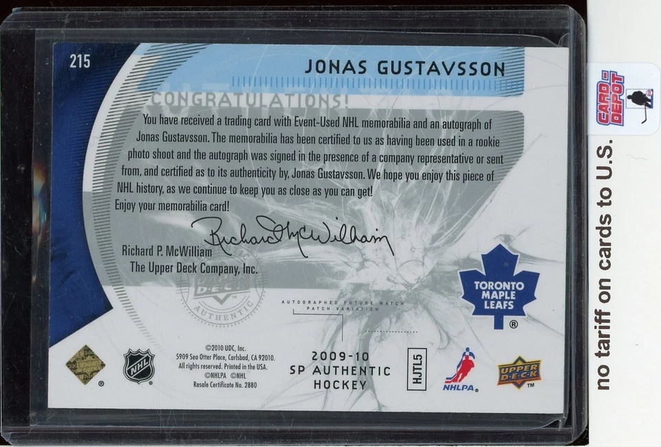 2009-10 SP Authentic Limited Autographed Patches #215 Jonas Gustavsson 26/100 - Image 2 of 2