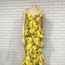 Farm Rio Fresh Lemons Ruffle Midi Dress S – NWT, Lemon Print, High-Low Flounce