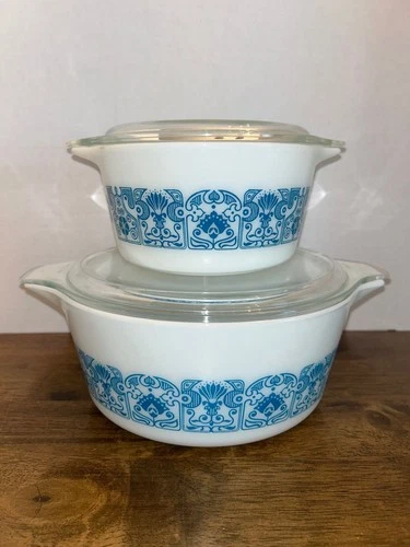 Vintage Pyrex Horizon Blue Round Casserole Set with Lids #473 1Qt and #475 2.5Qt