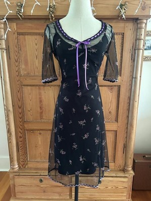 Vintage Betsey Johnson New York Mesh Purple Floral Ribbon & Lace Dress Size M