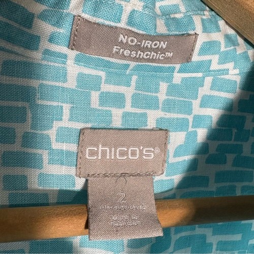 CHICO’S | Sky Blue 100% Linen No Iron FreshChic Patterned Button Down Top size L - Picture 8 of 12