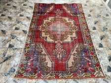 Antique Vintage Turkish Oushak Rug 4.3×6.5 ft Hand-Knotted Wool Tribal Geometric