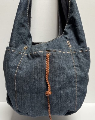 VTG Y2K LUCKY BRAND Denim BLUE Hippie Whipstitch SLOUCHY Bucket Hobo Bag XL 