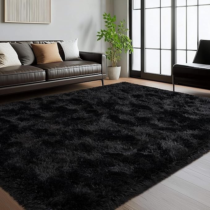 6x9 Rugs for Living Room, Fluffy Black Plush Large Area Rug, Fuzzy Big Shaggy