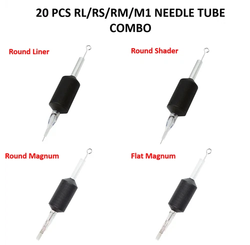 Tattoo Needle with Tube Combo 25mm 1 Inch Grip Box of 20pcs RL/RS/RM/M1 - product listing photo