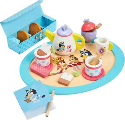 Bluey Tea Party Set Wooden 18-Piece Pretend Play Set With Tray, Teapot, Tea