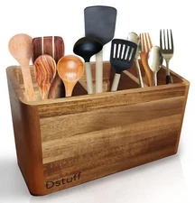Large Wooden Kitchen Utensil Holder, Acacia Wood Organizer with 3 Compartments