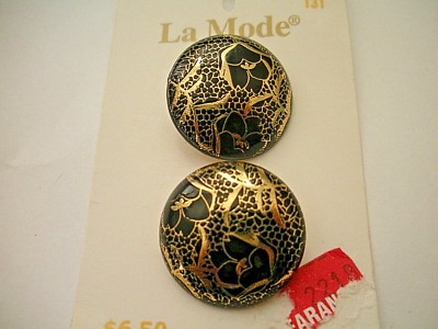 NEW 2 VTG LAMODE LA MODE BLACK GOLD METAL BUTTONS ITALY SHANK 7/8'' FLORAL