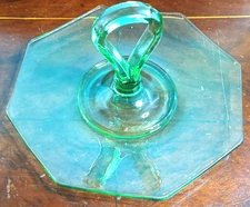 Cottage Core Green Depression Glass Snack Tidbit Tray 6" Octagon handle