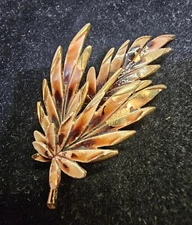 Signed PIM Brooch Pin Goldtone Leaf Design w/ Brown Enamel- S85- READ