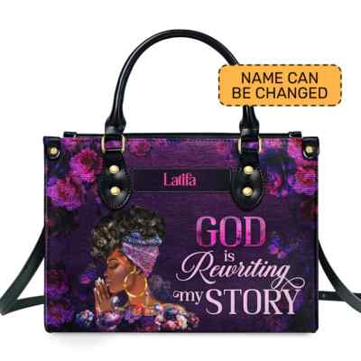 Personalized God Is Rewriting My Story Girl Purple Flowers Leather Handbag Gift