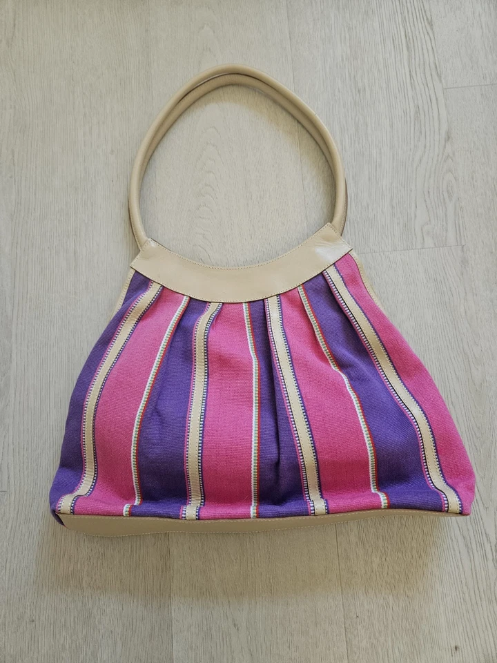 Bolso de Hombro Cartera Vintage Sharif Marc And Marc Rosa Púrpura Rayas Floral Con Cuentas Foto 2 de 4