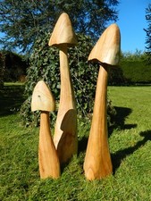 Wooden Mushroom Carving - Set of 3 Large Closed Cup Toadstools 60/50/40cm approx