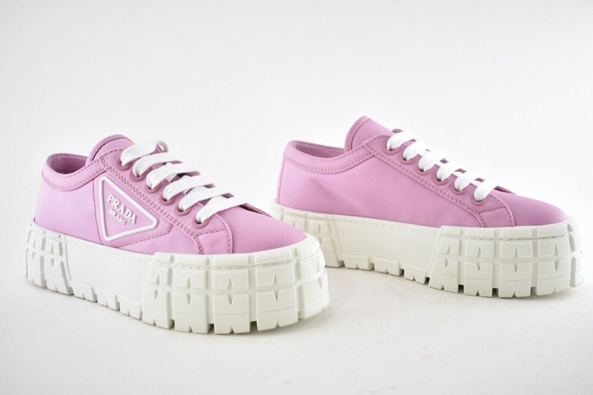 Prada Pink Nylon White Platform Lug Sole Lace Up Flat Low Top