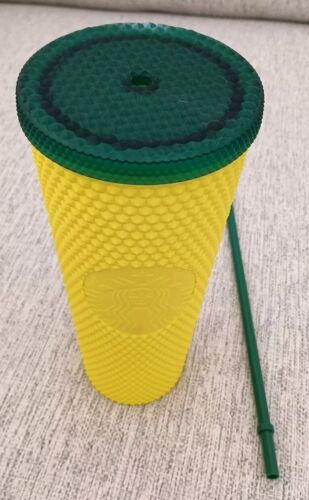 Starbucks Yellow w/ Green Lid and Straw Studded Tumbler Venti 24Oz Cold Cup - Picture 3 of 4