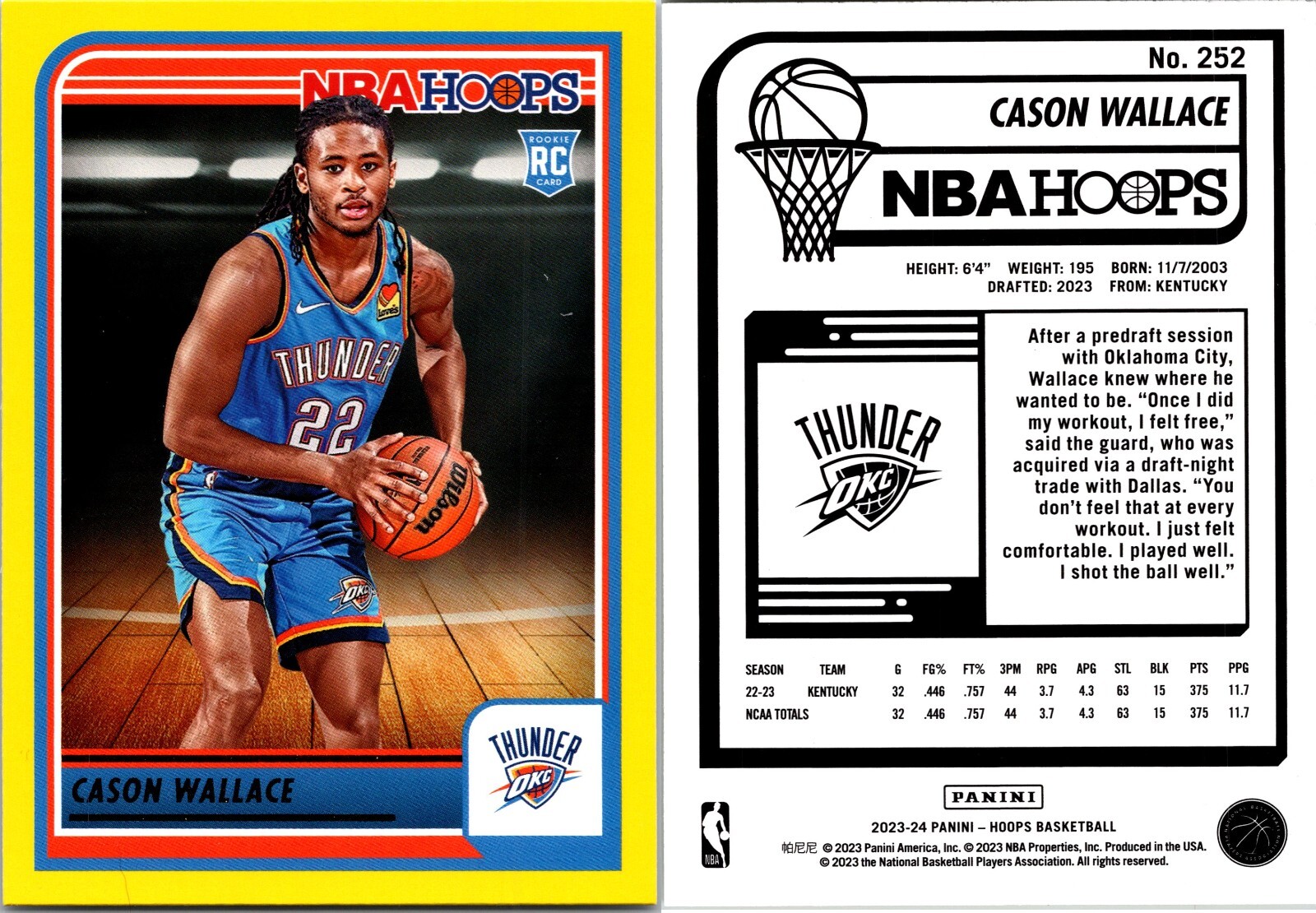 2023-24 Panini NBA Hoops - Rookie YELLOW FLOOD #252 Cason Wallace (RC) 170