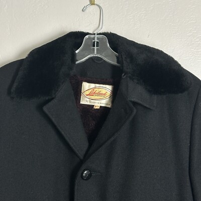 Lakeland Coat Men 42L Black Wool Burgundy Shearling Lined Faux Fur