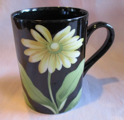 VINTAGE FITZ & FLOYD FF MUG BLACK WITH YELLOW DAISY FLOWER  FLEURS de MINUIT