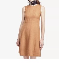 Ann Taylor Camel Brown 100% Linen A-Line Minimalist Dress Pockets NWT Size 8