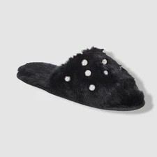 INC International Concepts Women's Black Pearl Faux Fur Slippers Shoes Sz 9-10