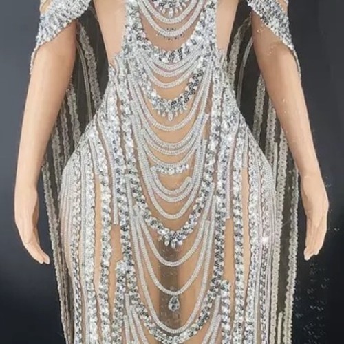 🌸 DIAMOND DRESS RHINESTONE LONG MAXI TALL SHEER SILVER WEDDING BRIDE QUEEN - Picture 6 of 7