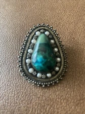 Vintage Sterling Silver Eilat or Malachite & Pearl Brooch Pin/Pendant Israel