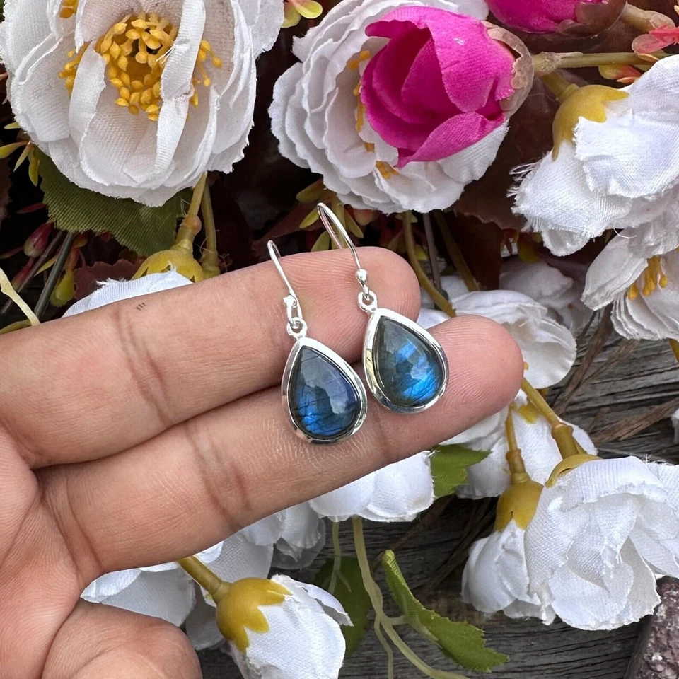 Teardrop Labradorite Women Earrings Statement Blue Stone Dangling Earrings MJ89 - Image 3 of 4