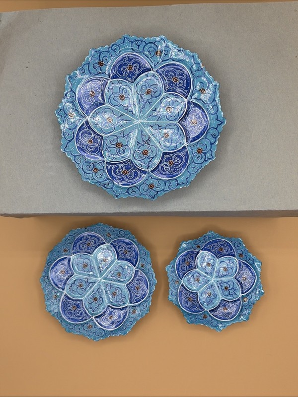 vintage Persian Minakari ornate hand painted enameled Tin dishes. Set Of 3