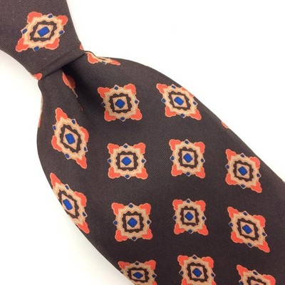Ruth Lee Tie Silk Brown Orange Blue Necktie Medallion Foulard #I23 True Vintage