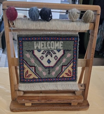 Vintage PERSIAN RUG Multicolor Wooden Loom Table Top Display Welcome To Grandmas