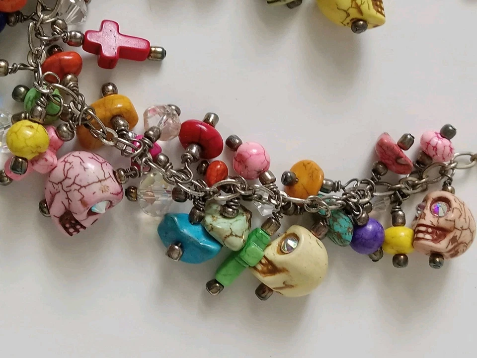 ÚNICO Día de Muertos Halloween Calavera Estrás Ojos y Cruz Dijes Collar 18" Foto 2 de 4