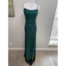 Emerald Green Sequin Lace Up Back Side Slit Prom Formal Dress 3