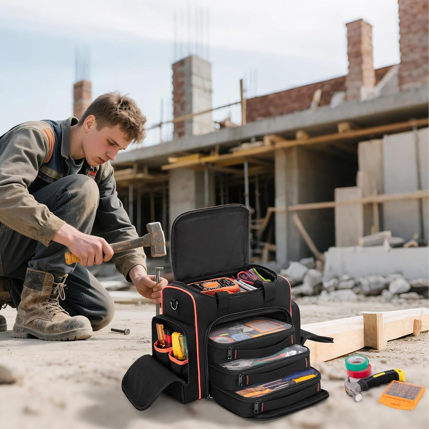 Tool Bag with 3 Removable Cases, 2 Layers Tool Tote for Hand Tools, Black with R