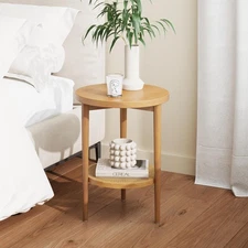 Sonia Boho Round Accent End Table, Natural Sofa Side Table in Light Wood with...