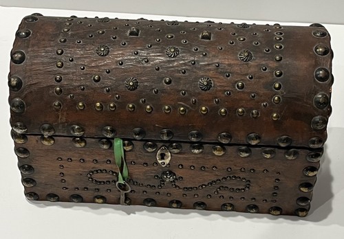 Antique Vintage Leather and Wood Dome Top Document Box w/ Key - Decorative Studs