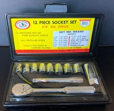 Indestro Tools 12 Piece Socket Set 3/8 SQ Drive Made In USA NOS Unused Set 85330