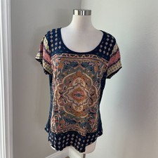 Lucky Brand Womens Plus 1X Short Sleeve T Shirt Scoop Neck Printed Top Boho