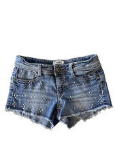 Mudd Girls Denim Shorts Size 10 Rhinestone Medium Wash Raw Hem Stretch Y2K