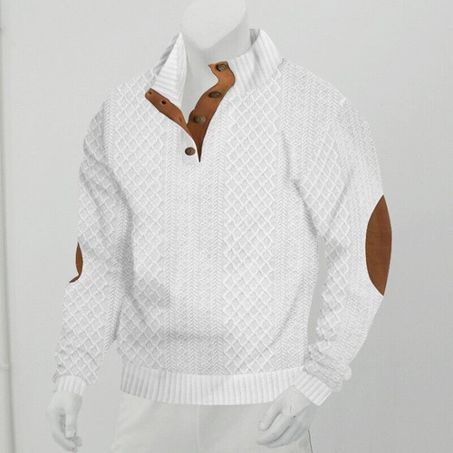 Men's Jacquard Sweatshirt Stand Collar Slim Long Sleeve Top Knit Pullover Hoodie - Picture 17 of 32