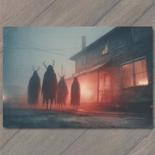 Art Print Hooded Antler Figures Approaching Red-Lit Porch in Heavy Fog Dusk