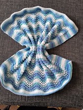 Hand knitted blues, aqua and white stripes newborn baby blanket 60x50cm.