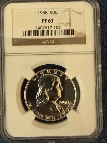 1958 50C Proof Silver Franklin Half Dollar NGC Graded PF 67 in New Holder