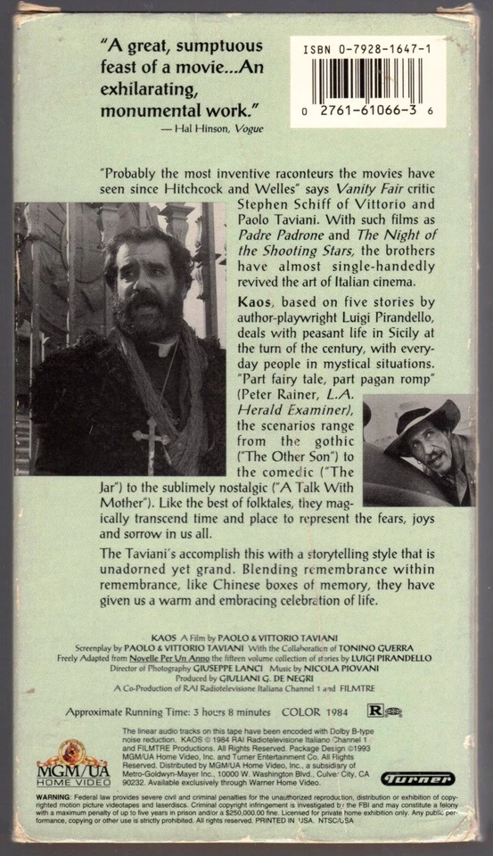 Taviani Brothers **KAOS** (1984) Italian ~Luigi Pirandello~ MGM VHS, Blockbuster - Image 2 of 3