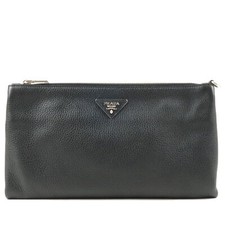 PRADA Logo Clutch Bag NERO Black Leather BP0866 Auth Used