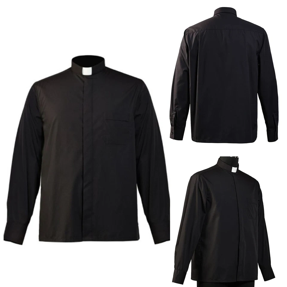 DE iEFiEL Priester Herren Schwarzes Hemd Langarm Priesterhemd Klerus Kostüm - Bild 4 von 4