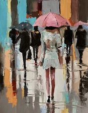 Woman in a Rainy City. oil painting